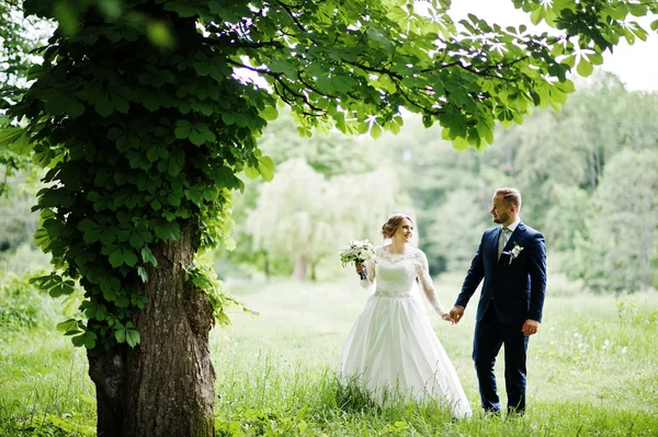 Csodálatos fiatal esküvői pár pózol egy gyönyörű csapdába szabadtéri — Stock Fotó