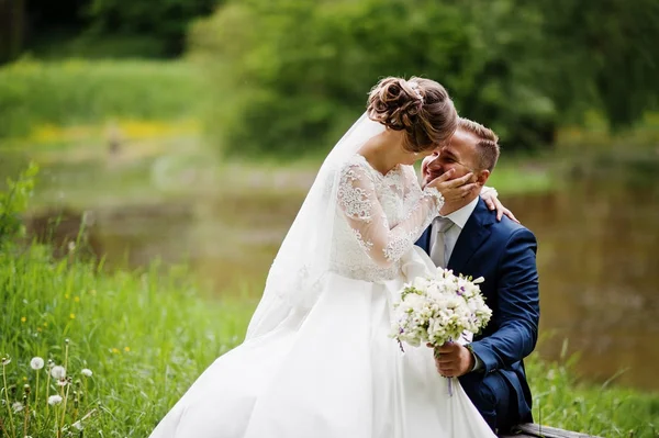 Fantástica noiva sentada no colo de um noivo no prado ao lado de t — Fotografia de Stock
