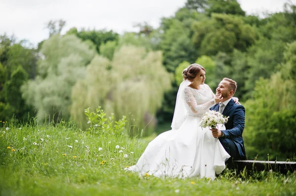 Fantastische bruid zittend op een bruidegom schoot in de weide naast t — Stockfoto