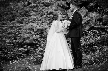 Ormanın içinde arka planda büyük kayalar ile poz yeni evliler