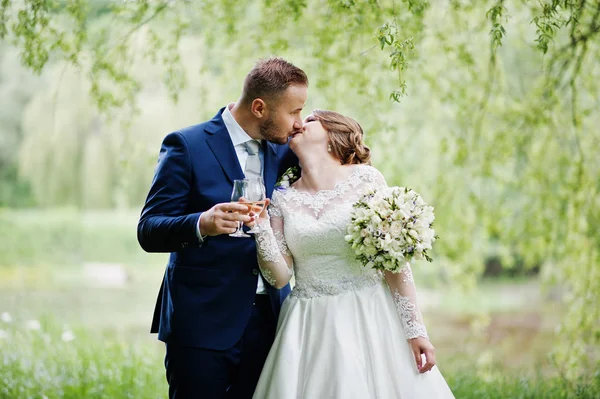 Preciosa pareja de boda besando y sosteniendo copas de champán i —  Fotos de Stock