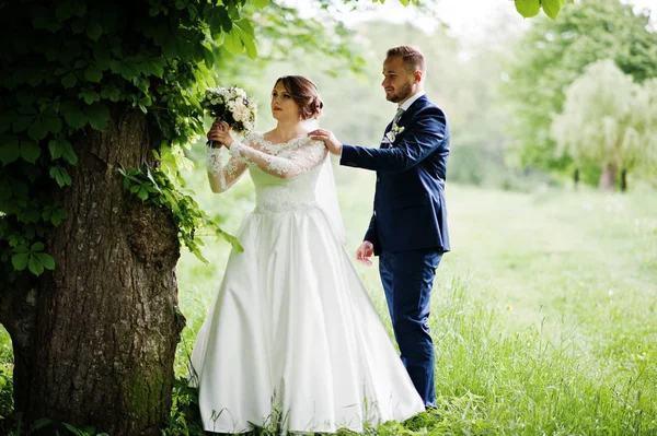 Increíble pareja de boda caminando y posando en algún lugar en el verde — Foto de Stock