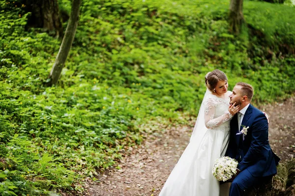 Nádherná nevěsta sedí na klíně svého manžela v lese — Stock fotografie