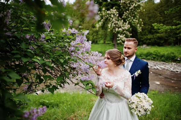 Prachtige bruidspaar genieten van elkaars gezelschap in park wi — Stockfoto