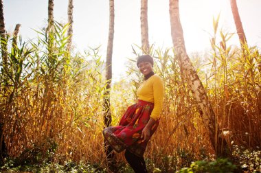 Sarı ve kırmızı elbise altın sonbahar f, Afro-Amerikan kız