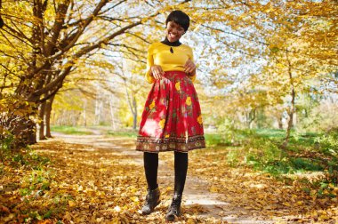 Sarı ve kırmızı elbise altın sonbahar f, Afro-Amerikan kız