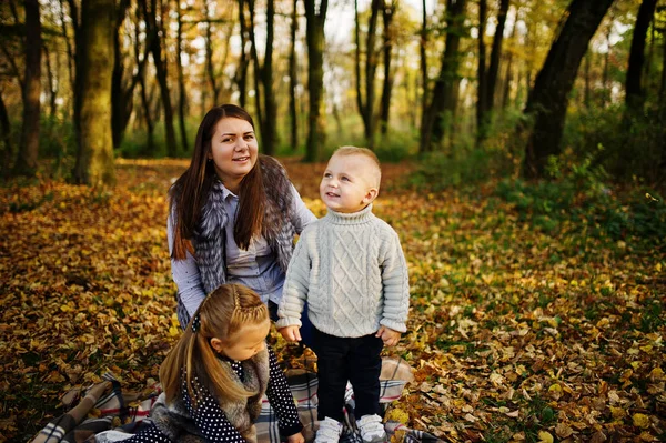 Glücklich mutter mit sohn und tochter sitzen auf kariert bei majestätisch aut — Stockfoto