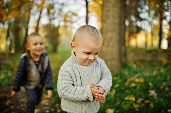 Little girl with boy at majestic autumn fall forest. Sister with — Stock Photo, Image