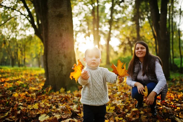 Mom with son on majestic autumn fall forest. — 图库照片