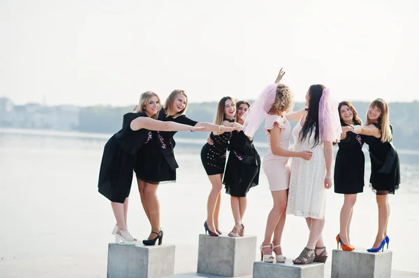 Grupo de 8 meninas usam em preto e 2 noivas na festa das galinhas contra — Fotografia de Stock