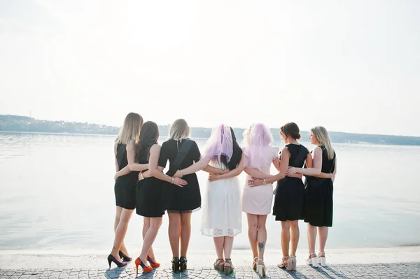 Costas do grupo de 7 meninas usam em preto e 2 noivas na festa das galinhas — Fotografia de Stock