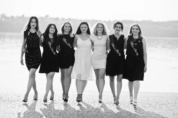 Gruppe von 7 Mädchen tragen auf schwarz und 2 Bräute auf Junggesellenabschied gegen — Stockfoto