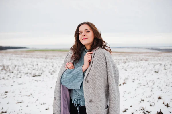Nemes lány szürke kabátot ellen hó táj. — Stock Fotó