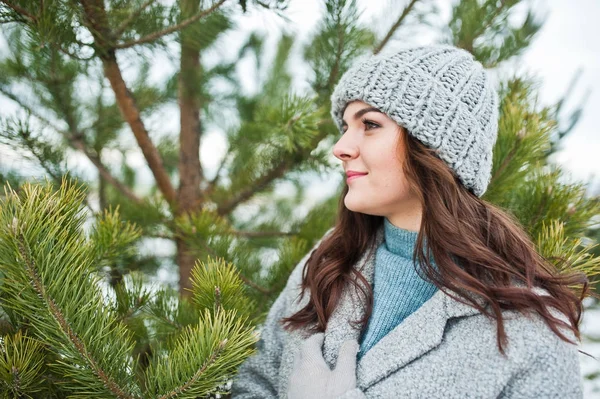 Ritratto di ragazza gentile in cappotto grigio e cappello contro capodanno tr — Foto Stock