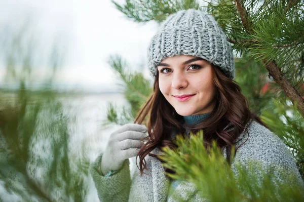 Ritratto di ragazza gentile in cappotto grigio e cappello contro capodanno tr — Foto Stock