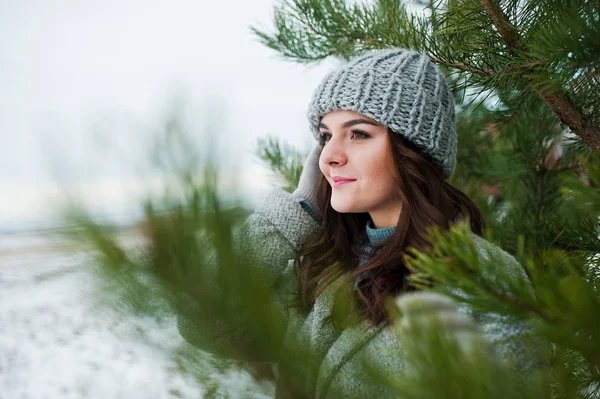 Porträt eines sanften Mädchens in grauem Mantel und Hut gegen Neujahr — Stockfoto