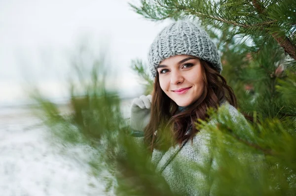 Porträtt av mild flicka i grå kappa och hatt mot nyår tr — Stockfoto