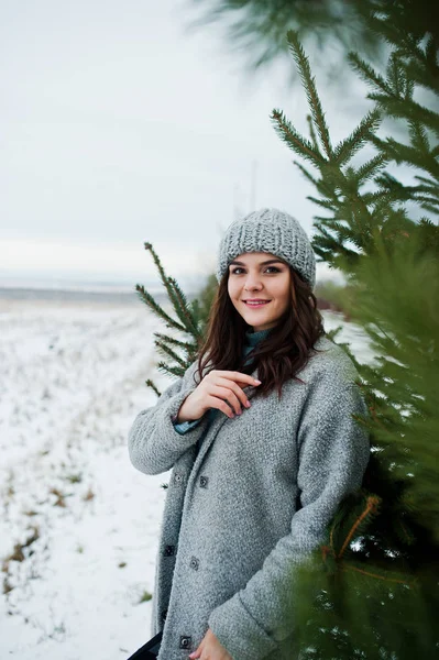 El retrato de la muchacha tierna en el abrigo gris y el sombrero contra nuevo año tr — Foto de Stock