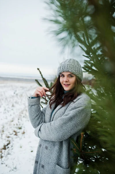 Porträt eines sanften Mädchens in grauem Mantel und Hut gegen Neujahr — Stockfoto