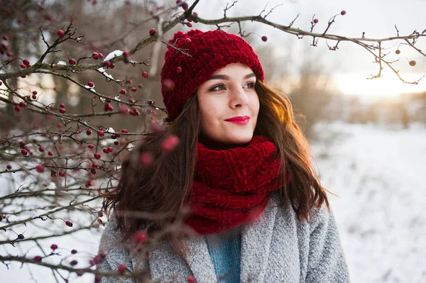 Porträt eines sanften Mädchens in grauem Mantel, roter Mütze und Schal in der Nähe — Stockfoto
