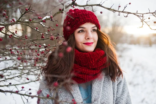 Portrait de fille douce en manteau gris, chapeau rouge et écharpe près de th — Photo