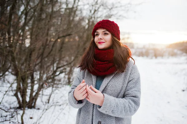 Portrait de fille douce en manteau gris, chapeau rouge et écharpe près de th — Photo