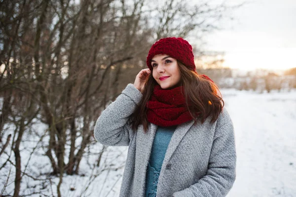 Ritratto di ragazza gentile in cappotto grigio, cappello rosso e sciarpa vicino a th — Foto Stock