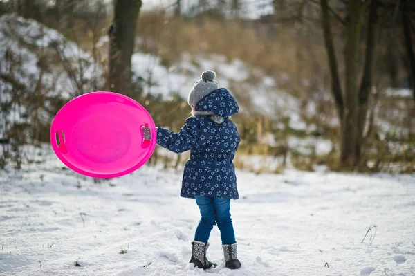 Το χαριτωμένο μικρό κορίτσι με πιατάκι έλκηθρα σε εξωτερικούς χώρους σε μέρα του χειμώνα. — Φωτογραφία Αρχείου
