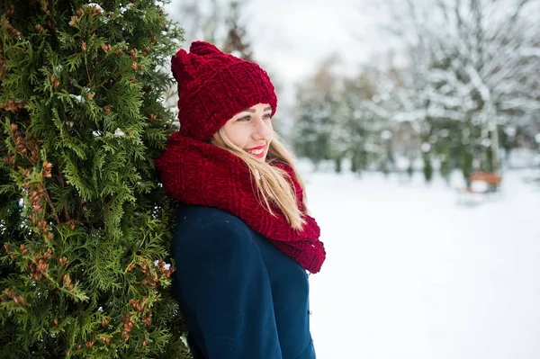 Блондинка в красном шарфе и в пальто прогулка в парке в зимний день . — стоковое фото