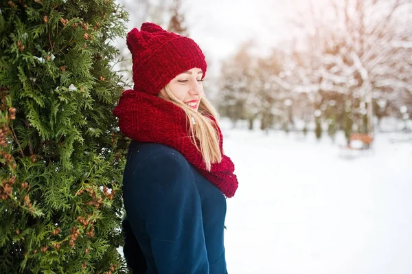 Blondes Mädchen in rotem Schal und Mantel spaziert an einem Wintertag im Park. — Stockfoto