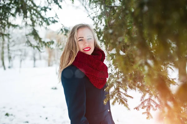 Chica rubia en bufanda roja y abrigo caminando en el parque en el día de invierno . —  Fotos de Stock