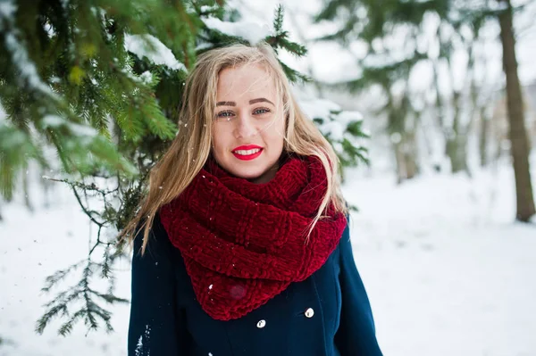 Chica rubia en bufanda roja y abrigo caminando en el parque en el día de invierno . — Foto de Stock