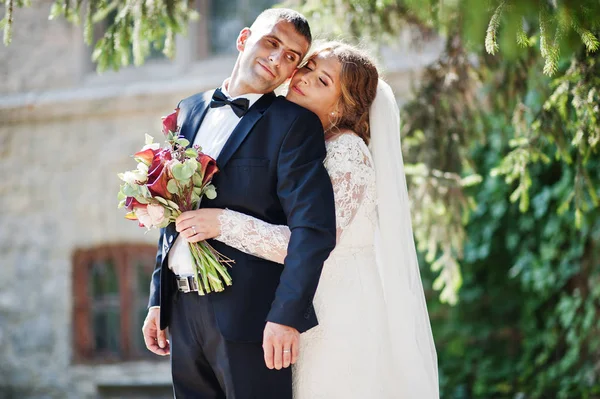 Romantische mooie nieuw echtpaar poseren in het park door de m — Stockfoto