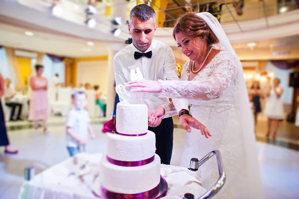 Matrimonio coppia taglio loro grande bianco torta dentro il restauran — Foto Stock