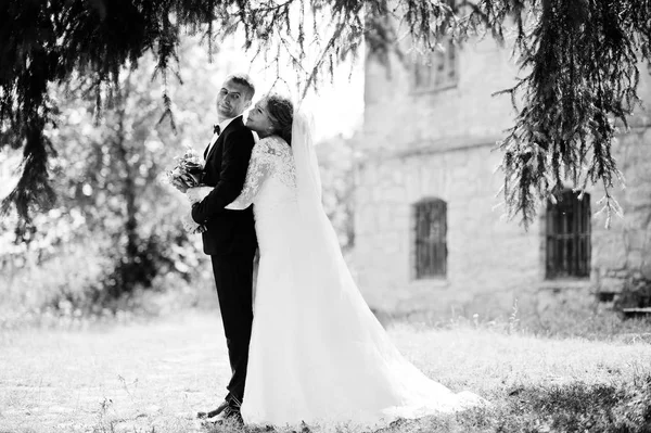 Romántica pareja recién casada posando en el parque por la m —  Fotos de Stock