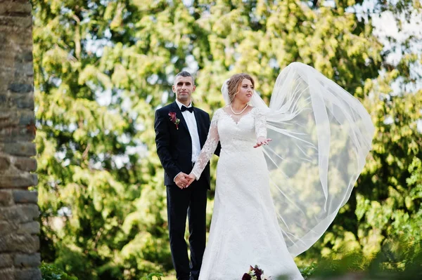 Romantische mooie nieuw echtpaar poseren in het park door de m — Stockfoto