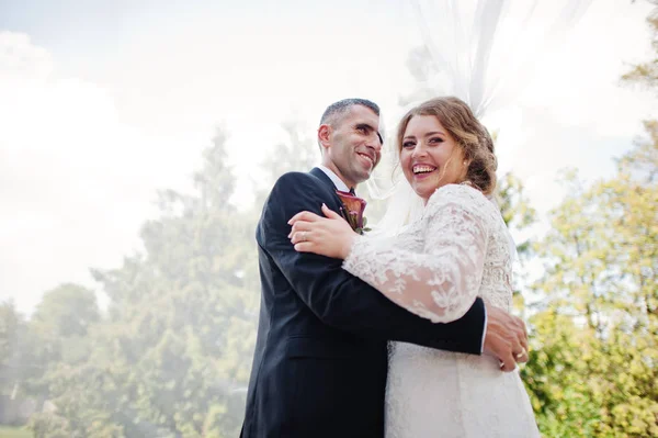 Romantic lovely newly married couple posing in the park by the m — Stock Photo, Image