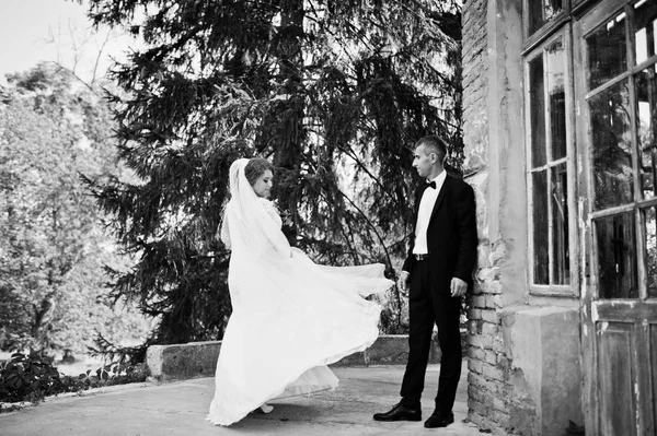 Romantic lovely newly married couple posing by the medieval cast — Stock Photo, Image