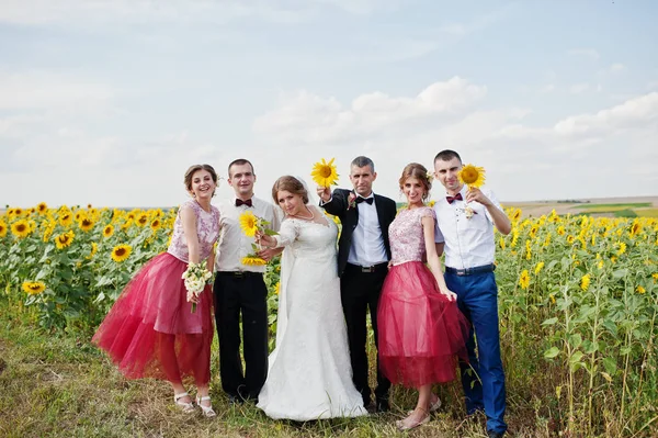 Wedding couple and groomsmen with bridesmaids posing with sunflo — Stock Photo, Image