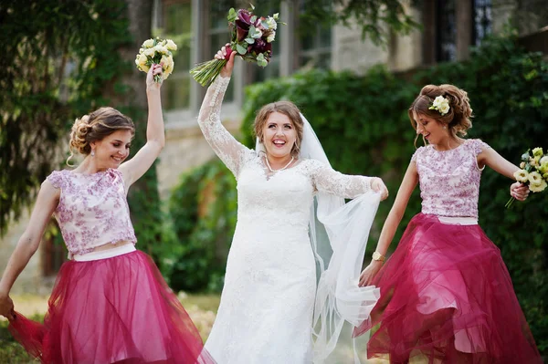 Šťastná nevěsta a odchozí družičky baví na svatební d — Stock fotografie
