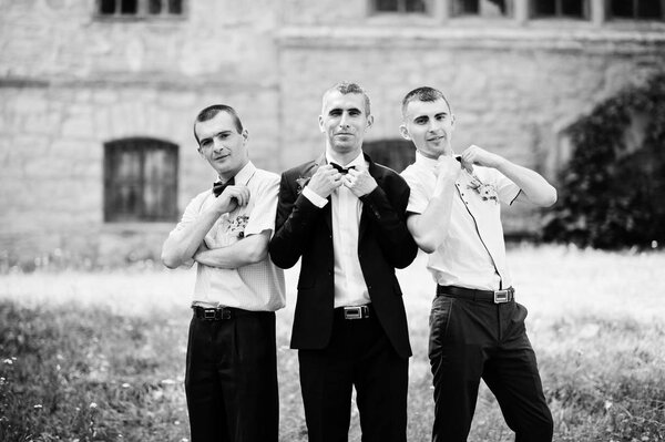 Groom posing with two groomsmen on a sunny wedding day next to t