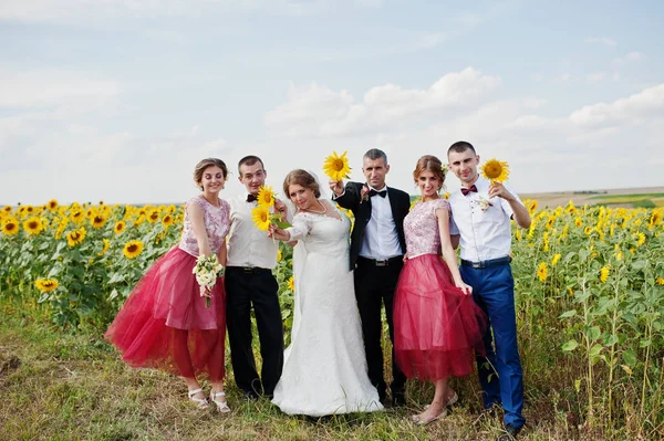 Wedding couple and groomsmen with bridesmaids posing with sunflo — Stock Photo, Image