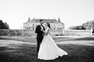 Eski bir ortaçağ castl önünde poz muhteşem Düğün çifti