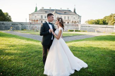 Eski bir ortaçağ castl önünde poz muhteşem Düğün çifti