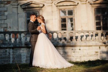 Eski bir ortaçağ castl önünde poz muhteşem Düğün çifti