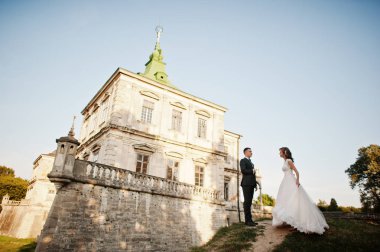 Eski bir ortaçağ castl önünde poz muhteşem Düğün çifti