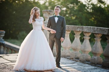 Muhteşem düğün çift t üzerinde kale bölgesi yürüyüş