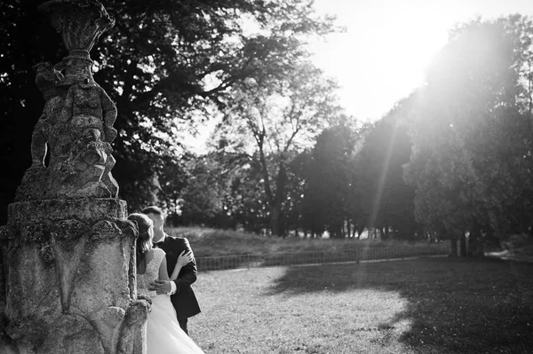 Мила нещодавно одружена пара цілується біля старого фонтану на — стокове фото