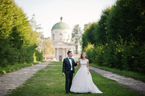 緑の路地を歩いて素敵な結婚式のカップル — ストック写真