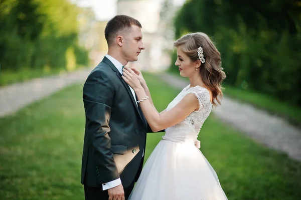 Hermosa pareja de boda caminando por el callejón verde que conduce —  Fotos de Stock